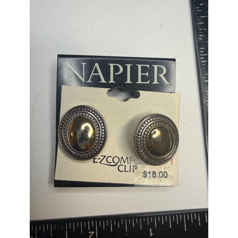 Napier E-Z Comfort Clip Earrings Two Tone Silver Gold Oval Button 390330-G